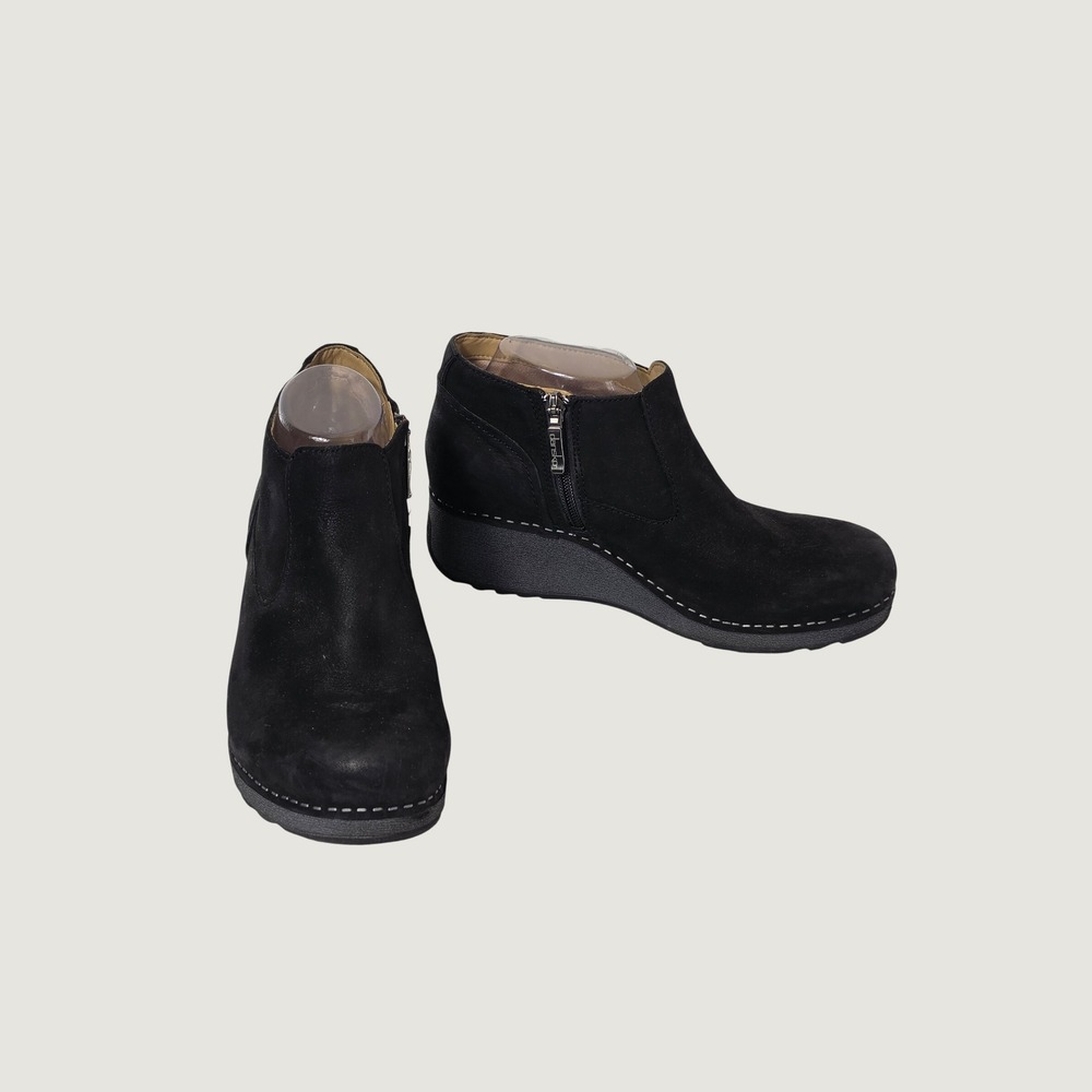 Dansko Barbara Black Leather Nubuck Ankle Bootie Wedge Side Zip Shoes Womens 39